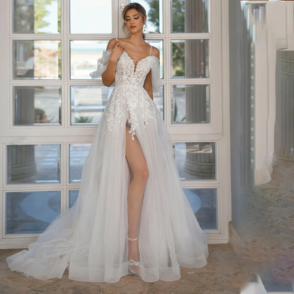 

Spaghetti Strap A-Line Wedding Dress Side Slit Floor Length Off The Shoulder For Women Custom Made To Measures Sweep Train 2023