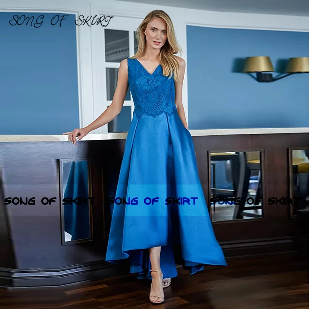 

Sapphire Blue High Low Mother Of Bride Dresses Three-quarter Sleeves Wedding Guests Evening Formal Gown Robe De Soirée Femme