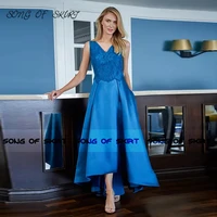 sapphire blue high low mother of bride dresses three quarter sleeves wedding guests evening formal gown robe de soir%c3%a9e femme