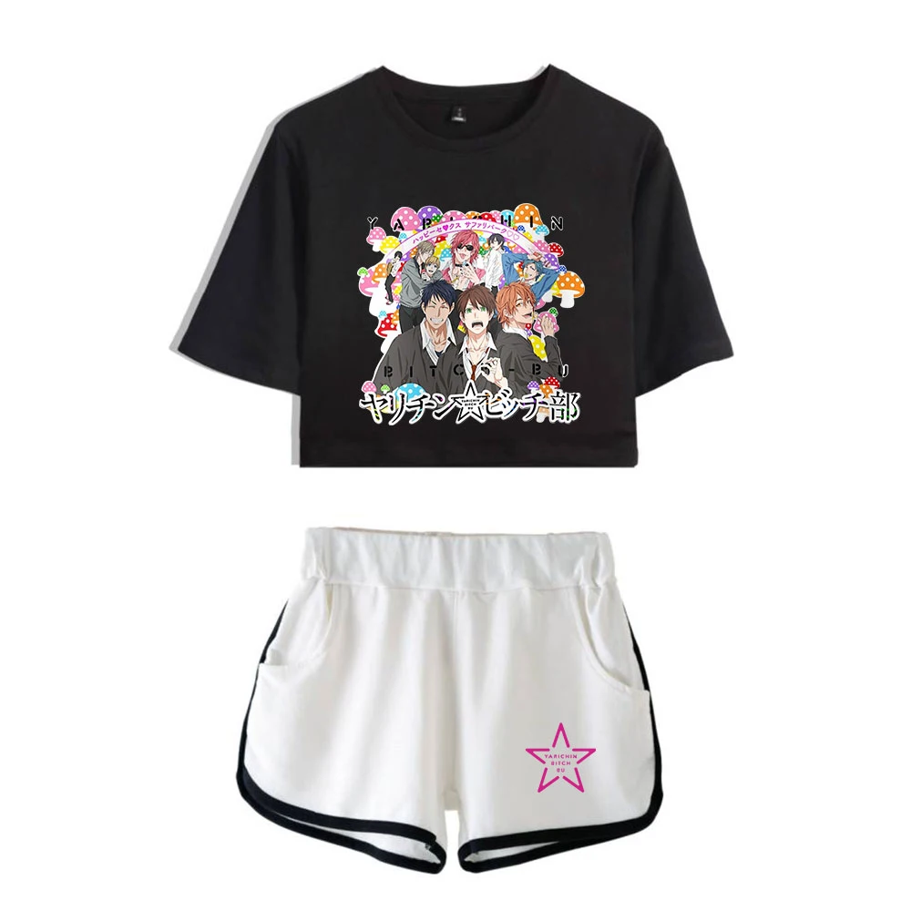 

Classic Popular Yarichin b Club Print Short Sleeve Cool Sexy Shorts+lovely T-shirts Dew navel Pretty Girl suits Two Piece Set
