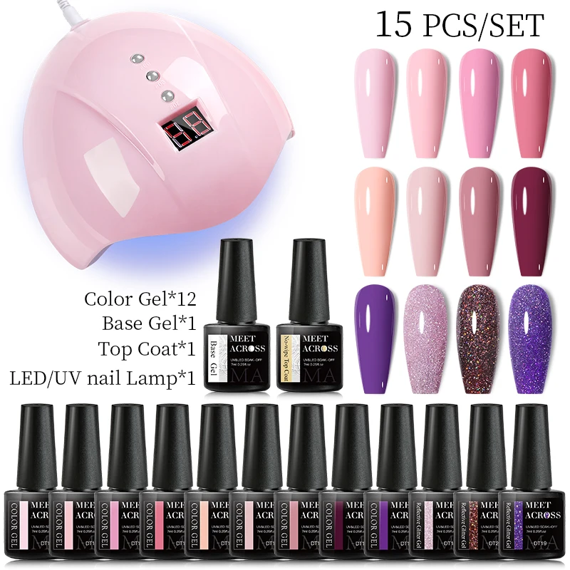 

10Pcs Gel Nail Polish Set With 36W UV Lamp Nail Dryer Purple Nude Gel Semi Permanent Hybrid Varnish Base Top Coat Nail Art Kits