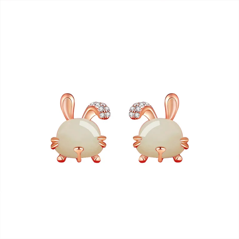New Fashion Rabbit Shaped Stud Earrings For Women Traditional Chinese Inlaid Jade Ethnic Wedding Party Jewelry Festival Gifts
