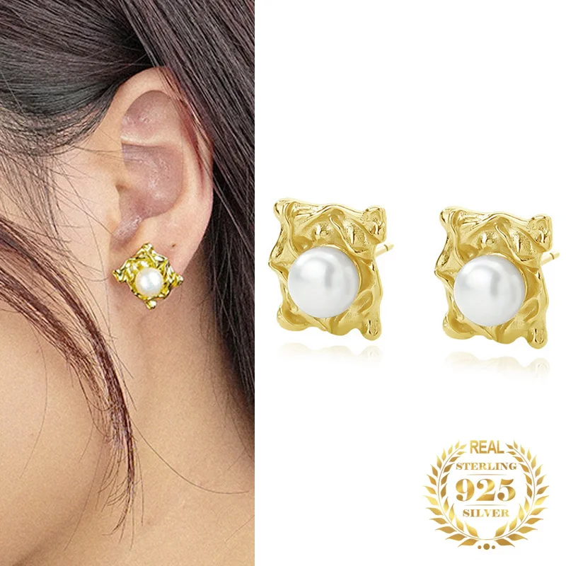 

French Luxury Jewelry Retro Elegant Wrinkled Texture Shell Bead Stud Earrings Women Pearl Earrings 925 Sterling Silver