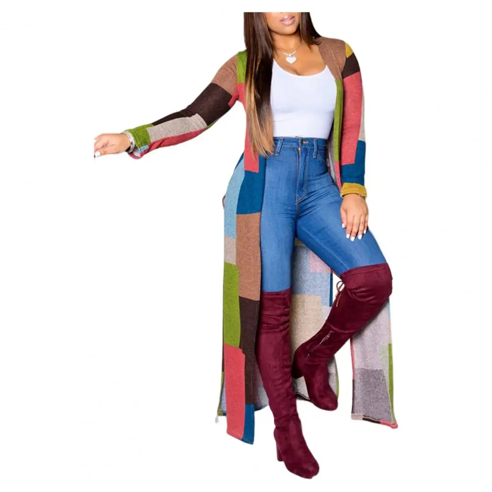 

Cardigan Coat Long Sleeve Women Coat Thin Type Color Block Long Outerwear