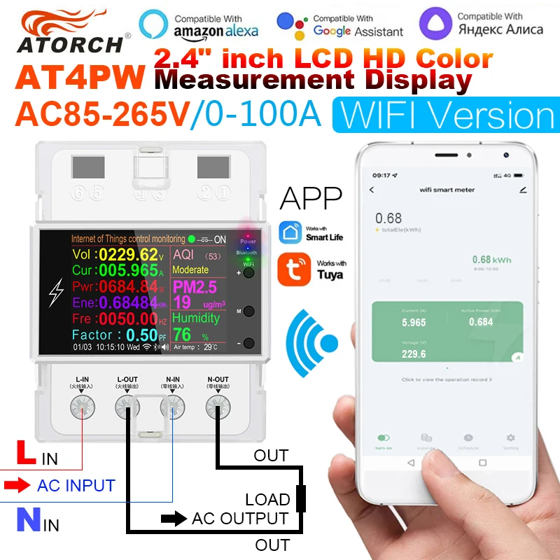AT4PW 100A Tuya WIFI Din Rail Smart Switch Remote Control AC 220V 110V Digital Power Energy Volt Amp Kwh Frequency Factor Meter