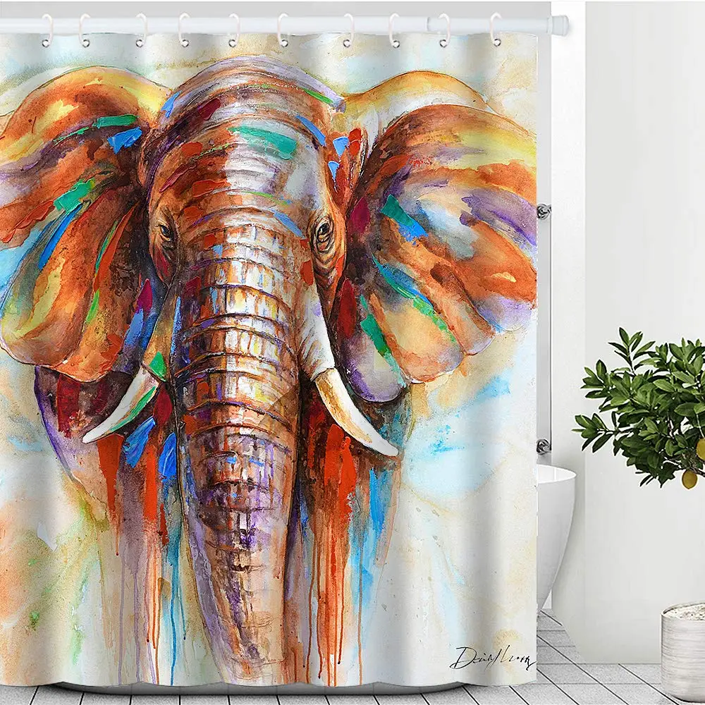 Watercolor Painting Animal Art Print  Elephant Shower Curtains Waterproof Set With Hooks Bathroom Decor