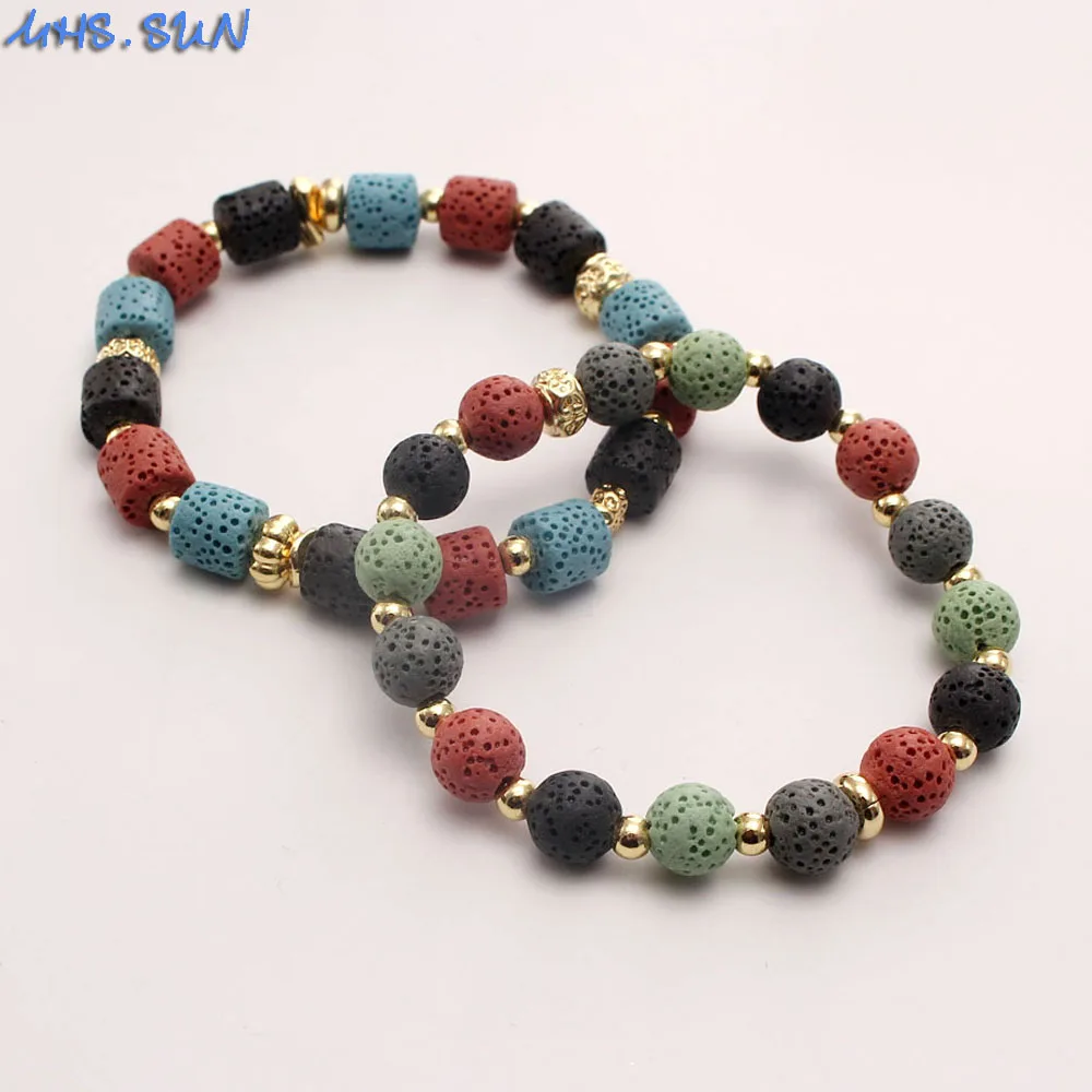 

MHS.SUN Fashion Volcanics Lave Stone Bracelet Women Men Vintage Elastic Natural Stone Beads Bracelets 1Pc/lot
