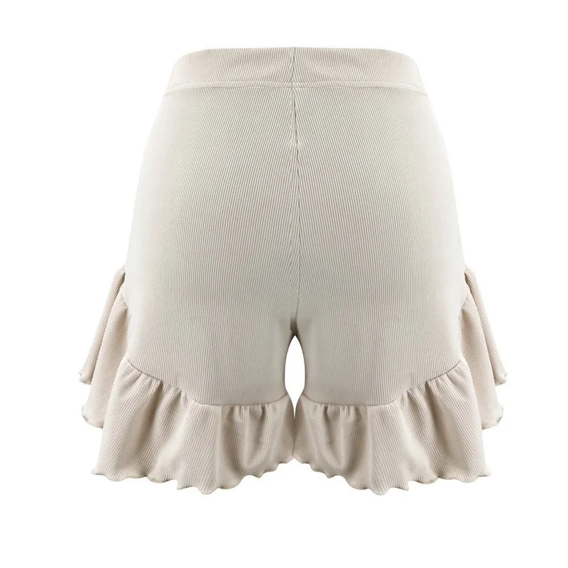 2023 Women's Rib Knit Clothes Set Long Flared Sleeve Round Neck Top + Ruffle Shorts Casual Elastic Band 2-piece Set Home Service