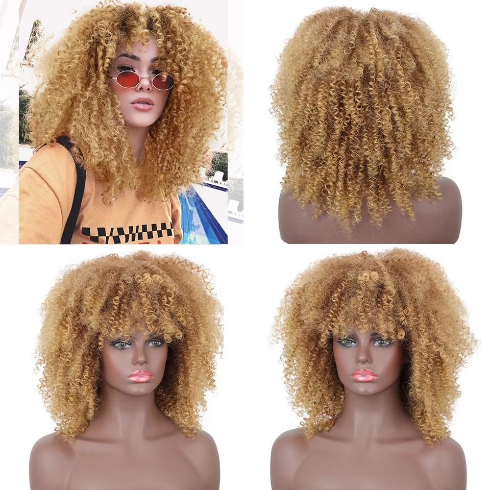 

NNZES Synthetic Wigs for Women Short Mixed Brown and Blonde Afro Kinky Curly Wig With Bangs Black Red Grey Pink Cosplay Hairs