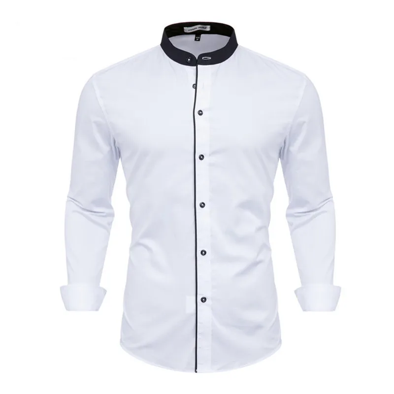 VISADA JAUNA 100% Cotton High Quality Men's Shirt New Mens Fashion Contrast Stand Collar Slim Fit Dress Long Sleeve Plug Size