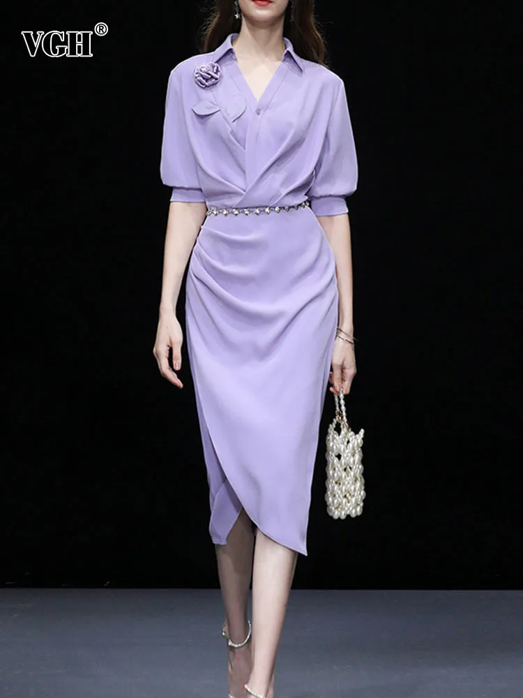 

VGH Patchwork Appliques Solid Casual Dress For Women V Neck Puff Sleeve High Waist Irregular Long Dresses Female Fashion Style