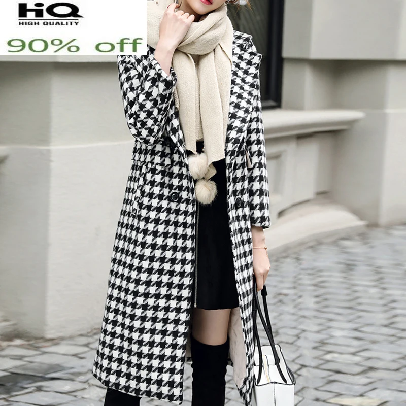 

Wool Houndstooth Coat Women Long Elegant Double-breasted Lapel Collar Sashes Pocket Plaid Loose Autumn Winter holiday Outerwear