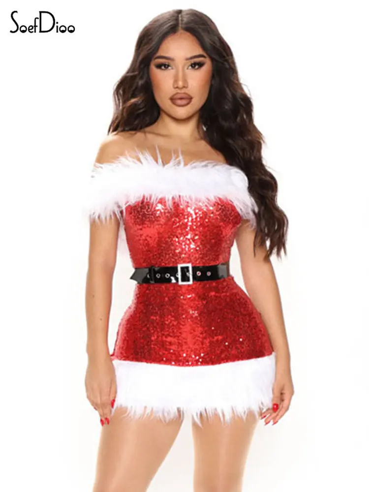 

Soefdioo, красное мини-платье без бретелек с перьями и блестками, женское сексуальное платье без рукавов с открытыми плечами для рождественской...