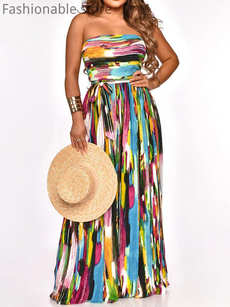 

Multicolor Print Shirring Bandeau High Waist Wide Leg Jumpsuits