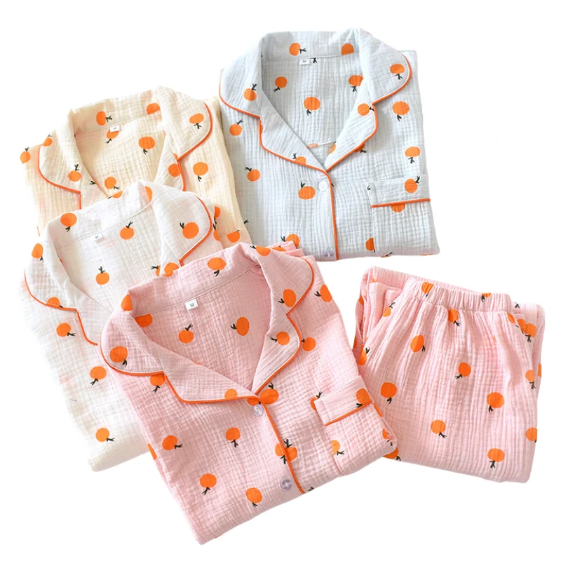 

New Spring Autumn Pajamas For Women 100% Cotton Crepe Orange Print Homewear Set Simple Fresh Two Piece Pyjamas Female Home Suits