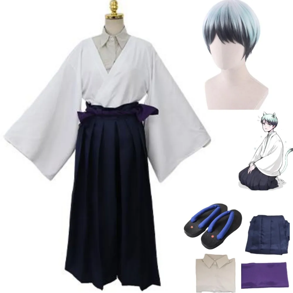 

Anime Yushirou Demon Slayer Kimetsu No Yaiba Cosplay Costume Wig White Japanese Kimono Clogs Man Woman Halloween Party Suit