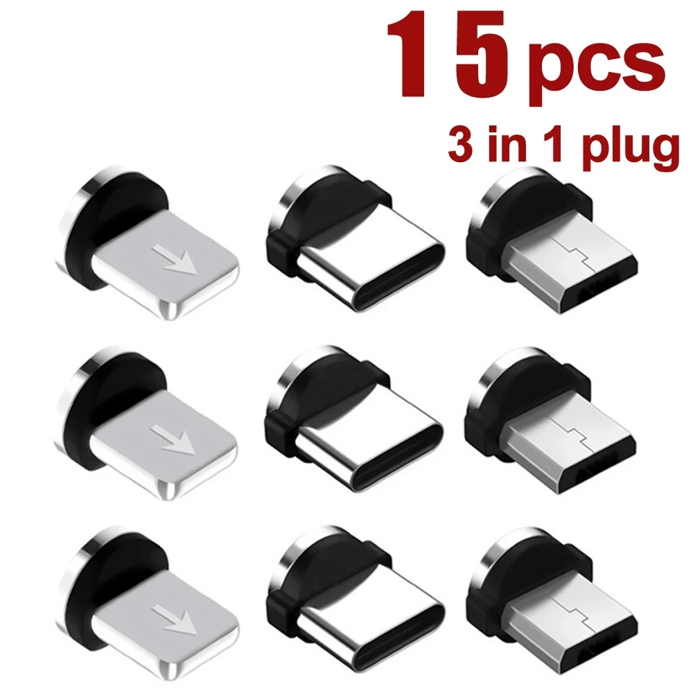 

USLION 15 Pcs Magnetic Tips For iPhone Samsung Mobile Phone Replacement Parts 3 IN 1 Plug Micro Converter Cable Adapter Type C