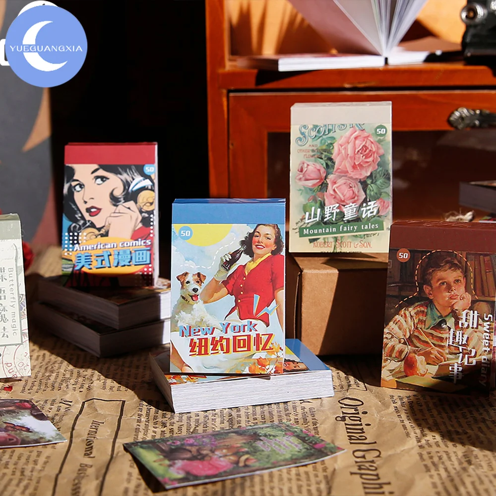 

YUEGUANGXIA 6 Styles 50pcs/book Retro American Adzuki Bean Stickers Creative Hand Account Material Stickers Decorative Stickers