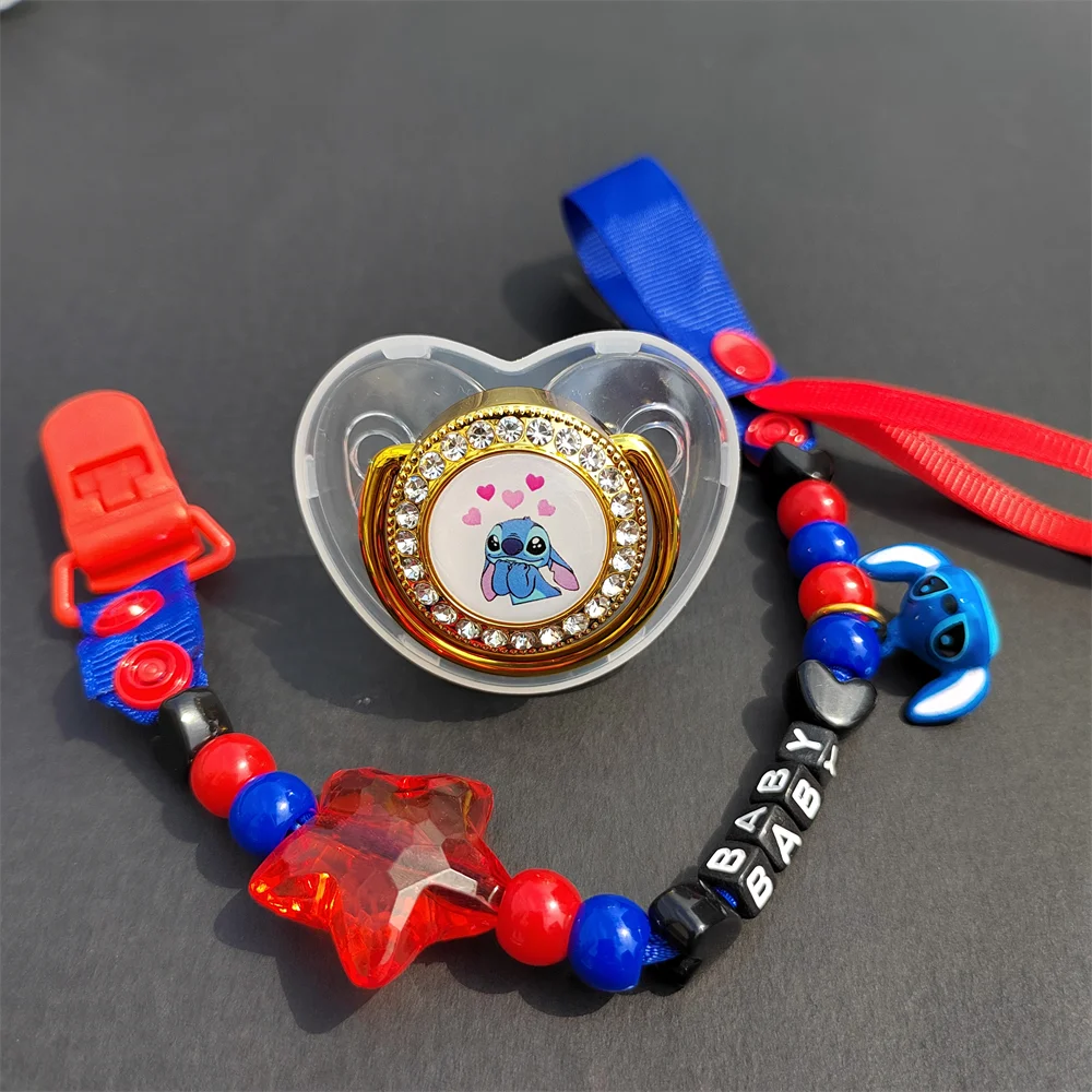 

[1 Set ]Stitch Cartoon Image Chew Bead Pacifier Clips and Pacifier Newborn Soother Chains & Dummy Soother Teething Toy Baby Chew