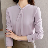blusas mujer de moda 2022 autumn elegant simple pearl bow stand collar blouses shirts femme light purple long sleeve solid 257a