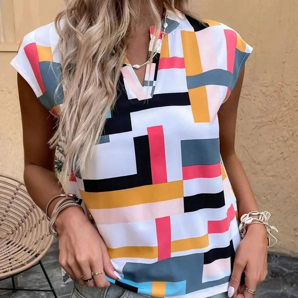 

Geometry Print Batwing Short Sleeve Summer Blouse Elegant Bright Color V-Neck Lady T-shirt Anti-pilling Breathable Women T-shirt