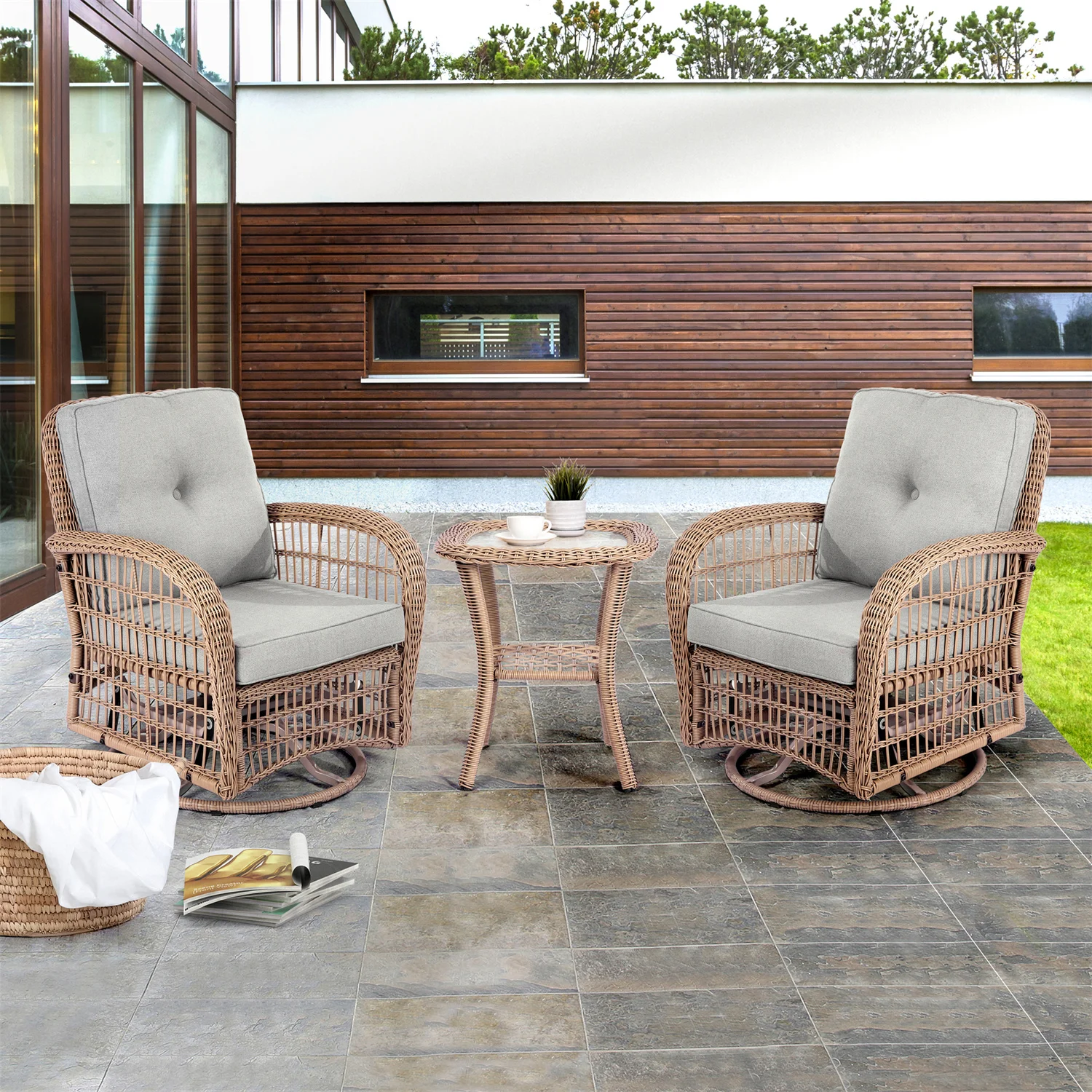 

3 Pieces Outdoor Wicker Swive Rocking Chair Set Patio Bistro Set with 2 Rattan Rocker Chairs and Glass Coffee Table for Backyard