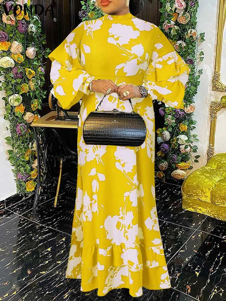 

VONDA Summer Autumn Dress 2022 Women Bohemian Floral Printed Maxi Robe Casual Stand Collar Long Ruffled Sleeve Party Vestidos