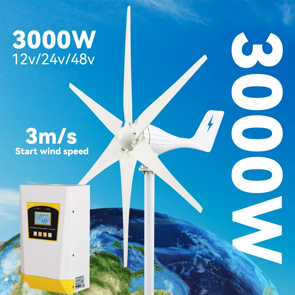 

Small Wind Mill Turbine Generator 3kw 48v 24v 12v 6 Blades With MPPT/Charge Controller Windmills RV Yacht Farm For Home Use