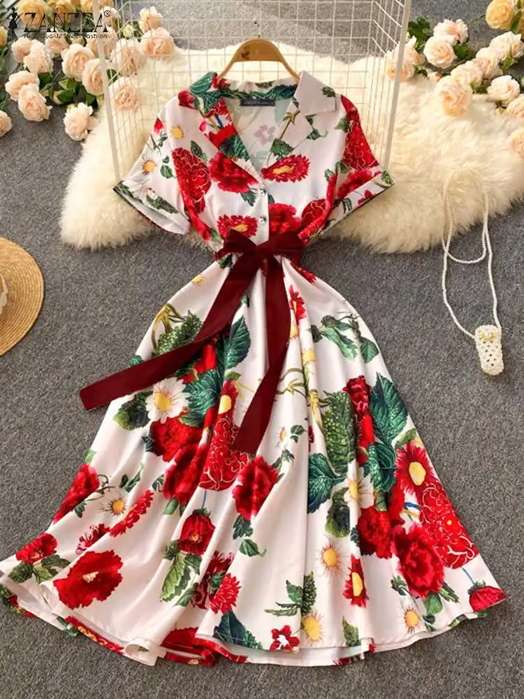 

Платье ZANZEA женское средней длины с богемным принтом, Свободный Повседневный праздничный сарафан с коротким рукавом и поясом, большие разме...