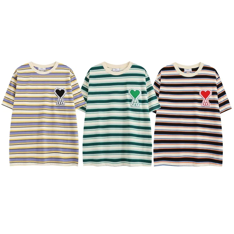 

Korean Fashion Men's T-shirt Oversized Striped Short-sleeved Cotton Embroidered Round Collar T-shirt Fashion Men's Clothing