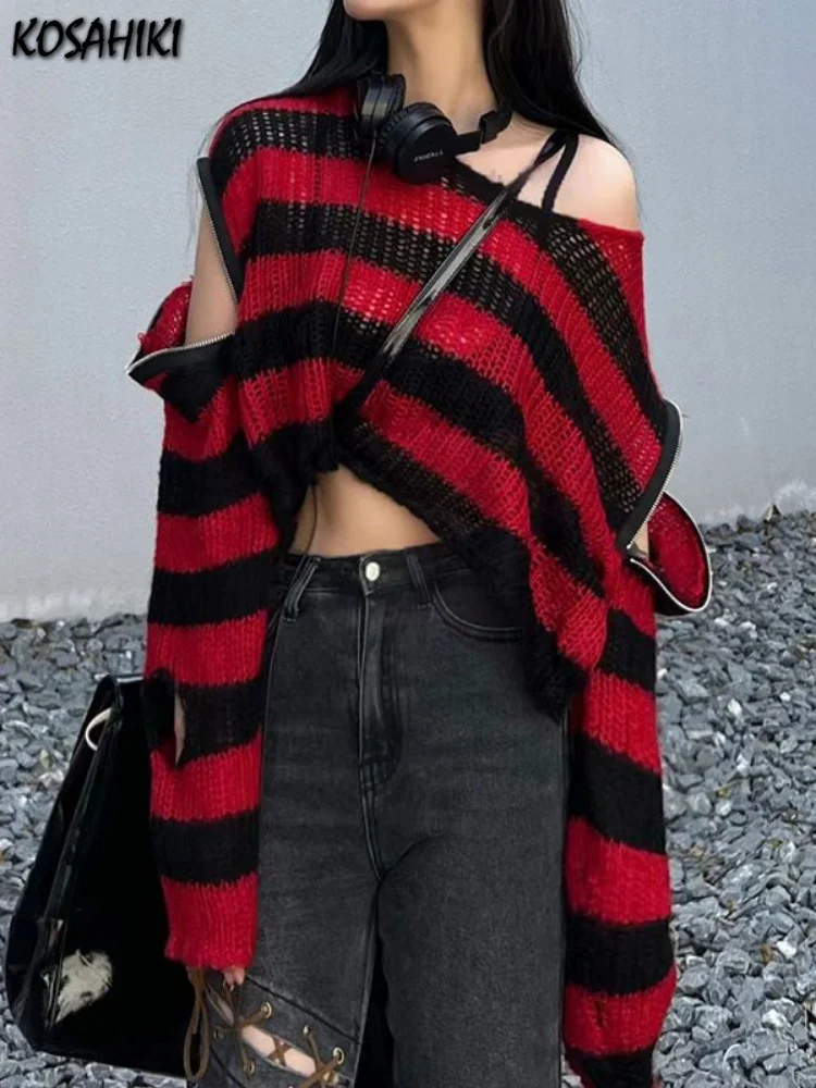 

Striped Gothic Sweaters Women Ripped Holes Loose Knitted Pullover Frayed Fairy Grunge Jumpers Emo Streetwear Harajuku