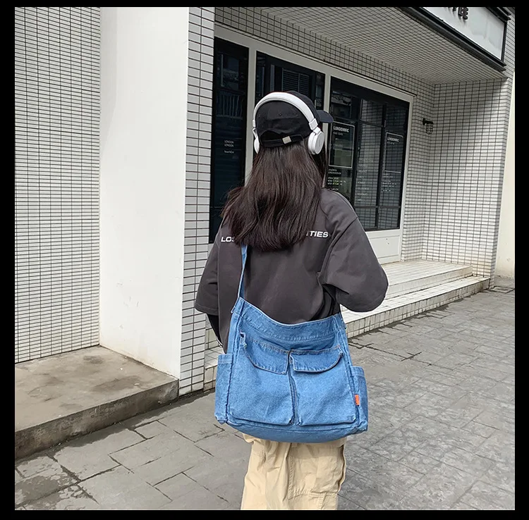 Casual Couple Denim Jeans Shoulder Bag Ins Fashion Jean Bag Large Denim Crossbody Bag Men And Womens Blue Backpack