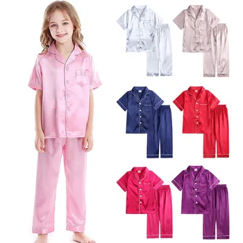 Little Baby Girls Boys Pajamas Set Satin Silk Kids Short Sleeves Sleepwear Pjs 2 Piece Button Down Baby Girls Blanket Sleepers 1