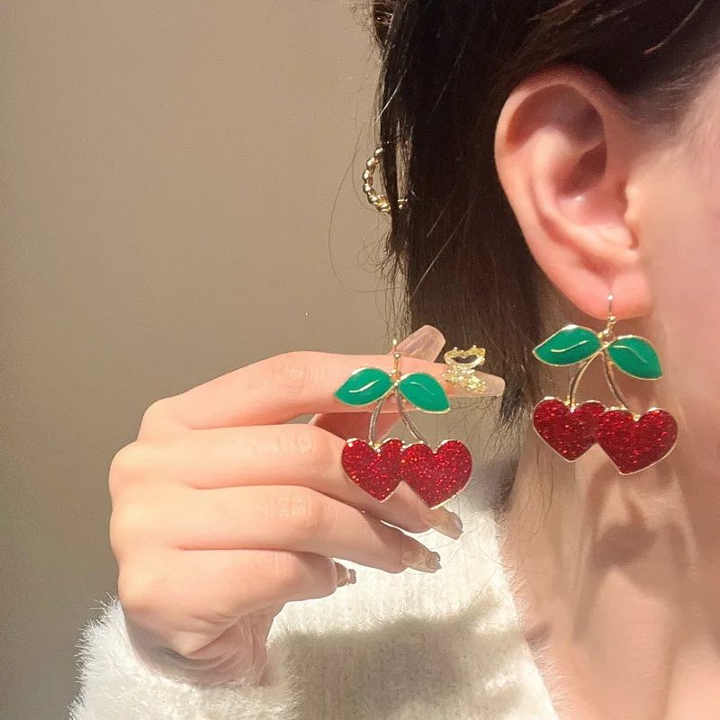 

Korean New Red Cherry Drip Oil Earrings For Women Sweet Lovely Pink Peach Zircon Dangle Earring New Year Christmas Party Jewelry