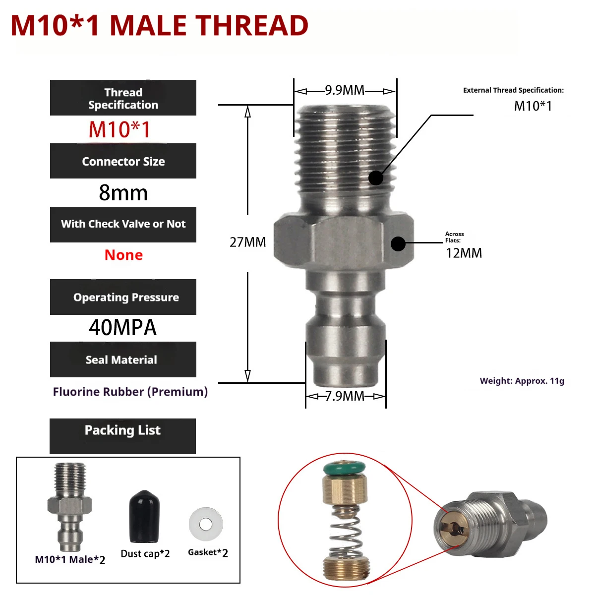 

Пружинный обратный клапан из нержавеющей стали, быстроразъемное соединение 8 мм, внешняя резьба M10x1/NPT/BSPP, односторонний воздухозаборный клапан с рейтингом 40 МПа, 2 шт.