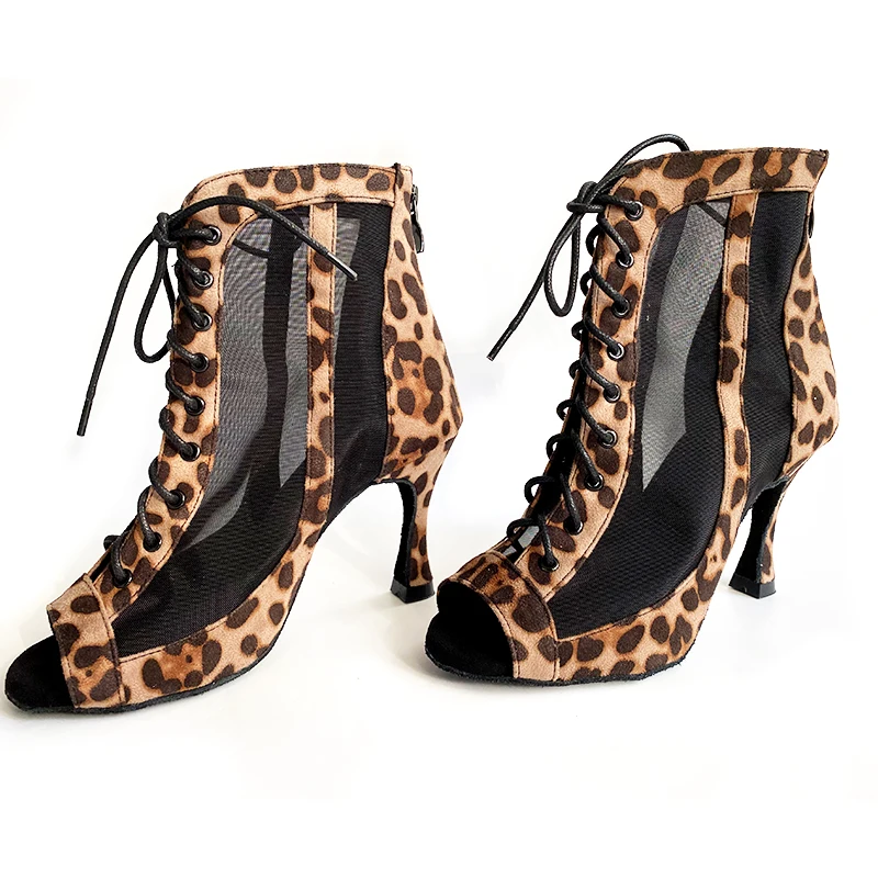 Indoor Dance Shoes Leopard Suede Leather Latin Salsa Dance Booties 2022 Autumn Winter New Style Bachata Latin Dance Shoes Women