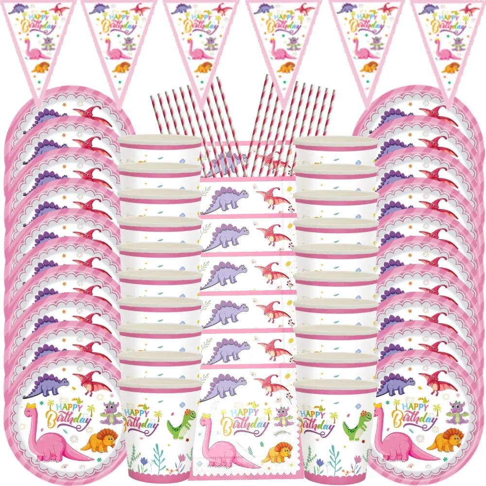 

Набор принадлежностей для украшения дня рождения в виде динозавра, набор бумажной посуды, набор розовых украшений для вечеринки для маленьких девочек, 20 гостей