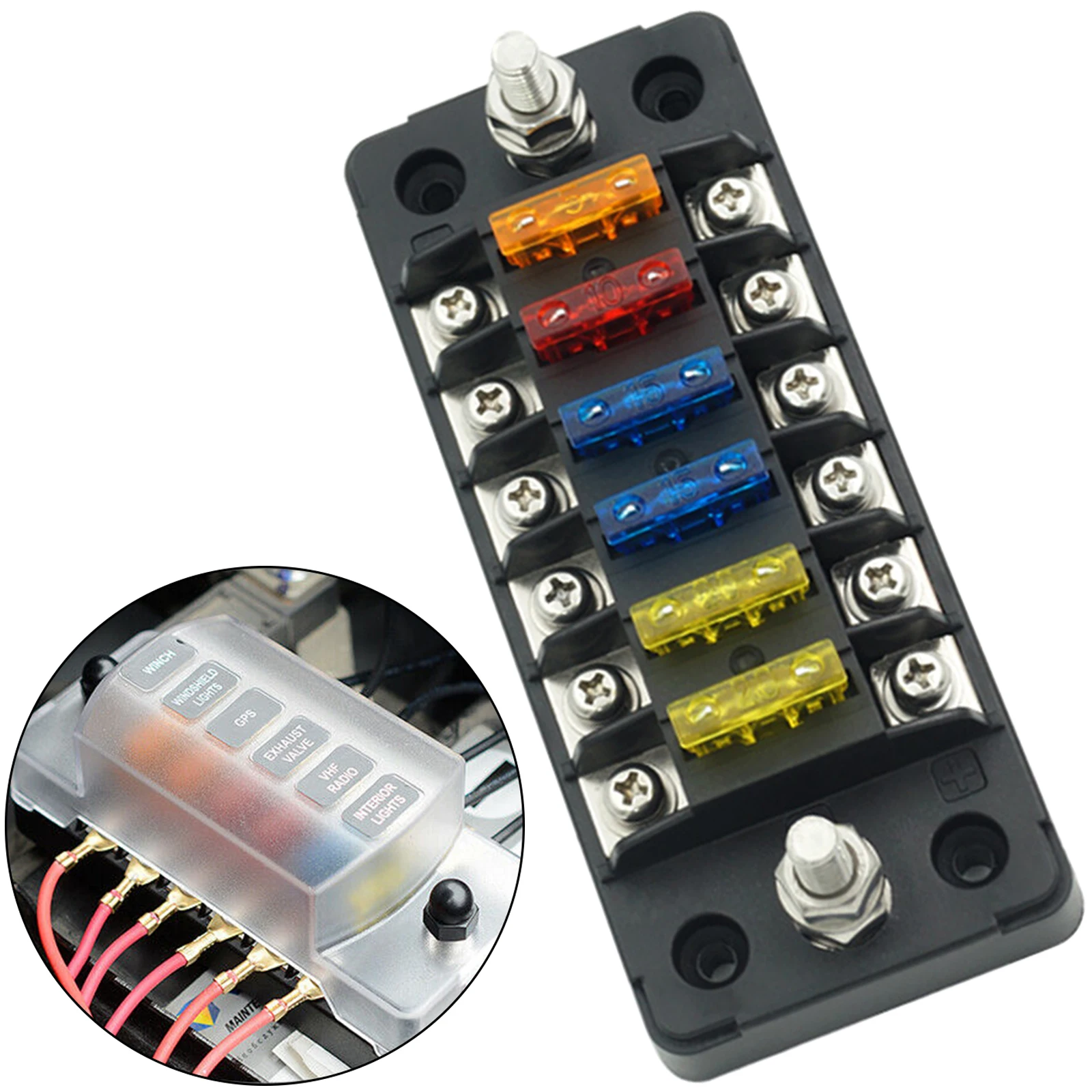 

Independent Positive And Negative Fuse Box With LED Indicator 1 In 6 Out Screw Connection Type Car Motorcycle Truck Fuze