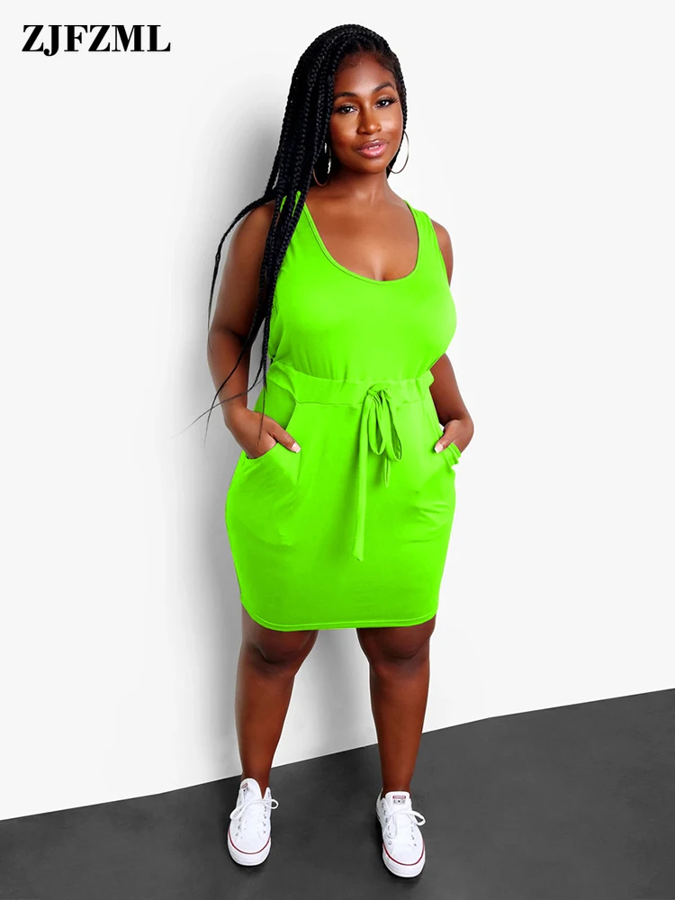 

Activewear Women's Workout Sporty Tank Dresses Casual Solid Scoop Neck Sleeveless Robe Summer Drawstring Waist Side Pocket Jurk