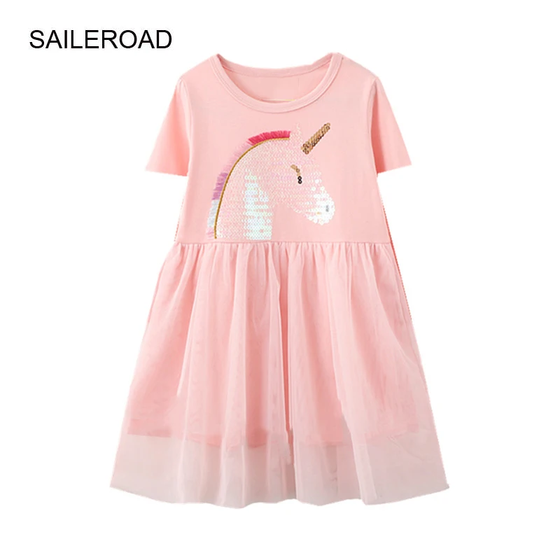 

SAILEROAD 2-7Y 2022 New Summer Unicorn Pink Dress Children Cotton Short Sleeve Dresses Kids for Girls Fashion Clothes