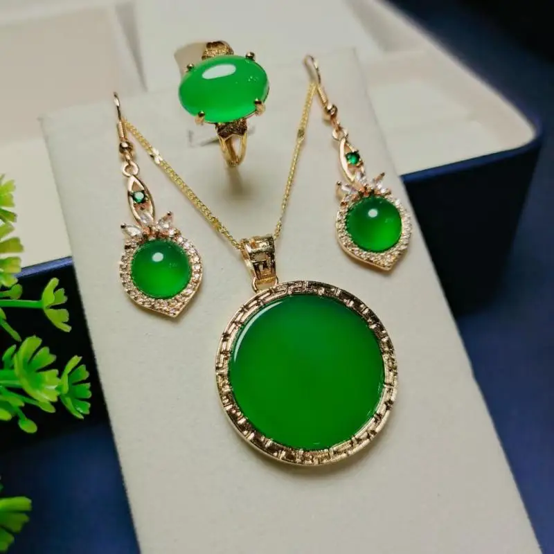 

Jade Jewelry Set Women Accessories Natural Green Jades Round Pendant With Emerald Zircon Dangle Earrings Rings Jewellery Sets