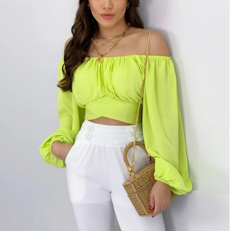 

Sexy Off Shoulder Long Sleeve Solid Crop Top Women 2023 Autumn Fashion Body Navel Top Femme Casual Blouses And Tops For Women