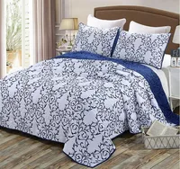 Reversible 100% Cotton Quilted 3-Piece Beige/Blue Chic Embroidery  Elegant Quilt Set with Pillow Shams Soft Bedspread&Coverlet