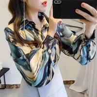 fashion lantern sleeve printed lapel button shirt loose commute tops spring autumn oversized casual womens clothing blouse