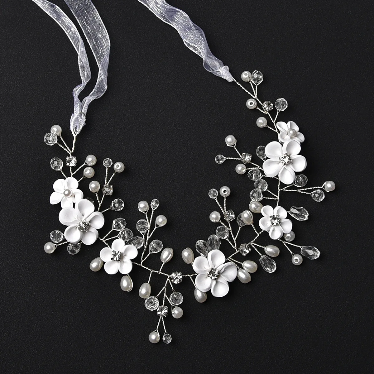 

White Ceramic Flower Tiaras Hair Combs Pearls Hair Jewelry Handmade Bridal hairband Fashion Women Hair Piece Ornament