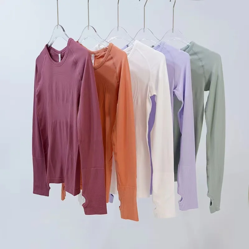 Lulu 1.0 Women Seamless Slim Fit Yoga T-Shirts Fitness Running Long Sleeve Sports Crop Top Ladies Gym Blouses Sportswear