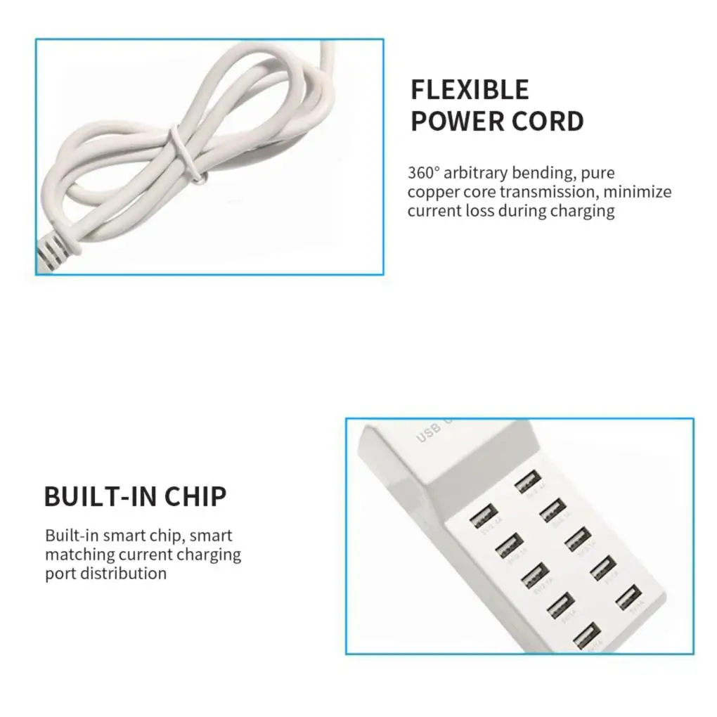 USB Charger Station 10-Port Fast Charging Stand Smart Socket for Phone Tablet Laptop Computer USB Charger Station US Plug images - 6