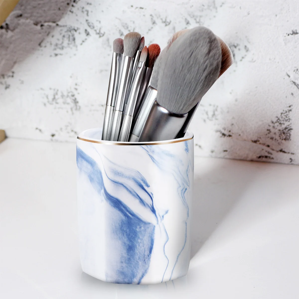 

Marbling Pen Holder Gilt-edged Ceramic Makeup Brush Container Desktop Organizer Pencil Holder (Blue)