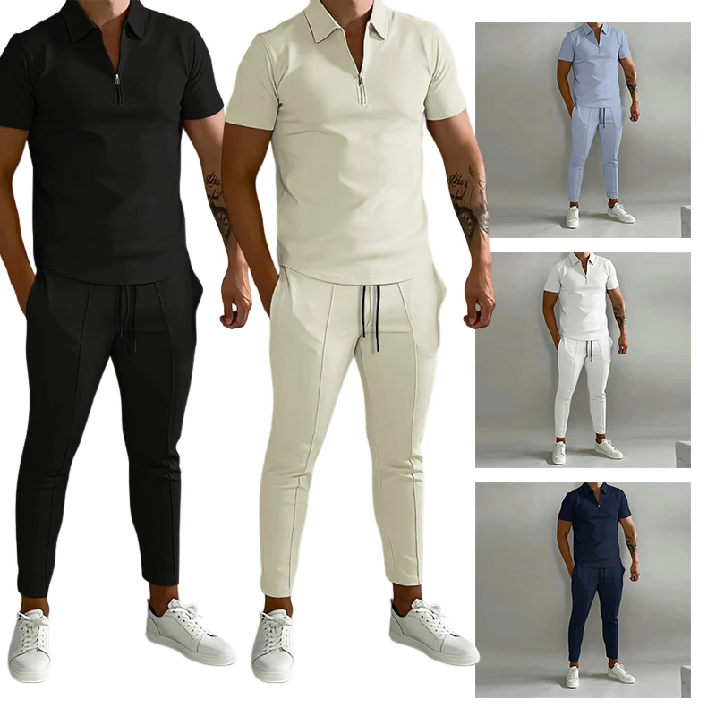 Fashion Men Suit Spring Summer Tracksuit Casual Top Polo Shirt +Short or Pants Fitness Jogging Breathable Sportswear Husband Set