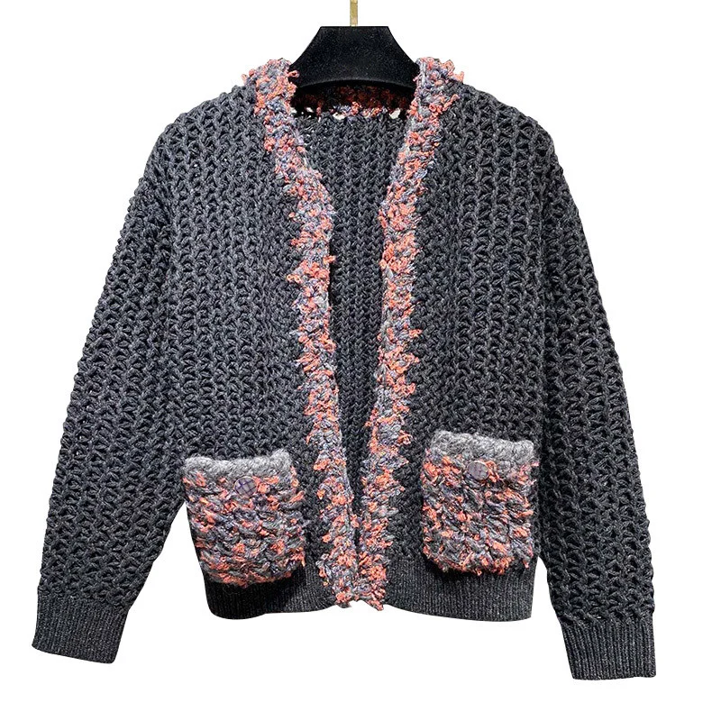 

22 Runway Autumn Cashmere Cardigan Women Vintage Long Sleeve Gray-pink Pocket Sweater Jacket Designer Soft Knit Coat Tops Tide